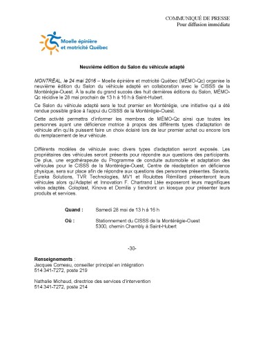 Communiqué salon véhicule adapté Montérégie